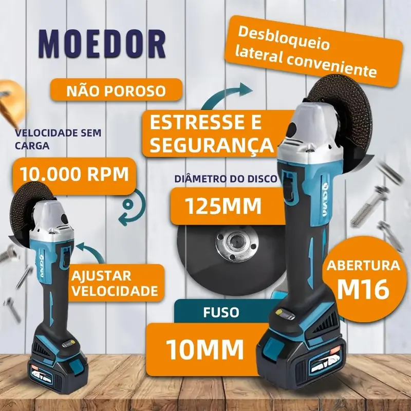 KIT 4 EM 1 FERRAMENTAS 128V | Combo Profissional com Martelo Rotativo, Furadeira, Esmerilhadeira e Chave de Impacto | Completo: 2 Baterias, Carregador, +50 Acessórios e Maleta