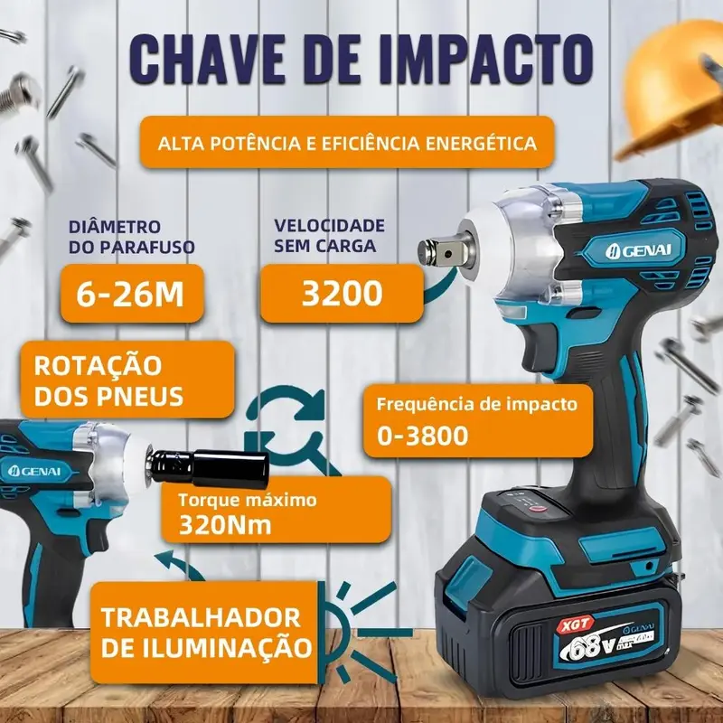 KIT 4 EM 1 FERRAMENTAS 128V | Combo Profissional com Martelo Rotativo, Furadeira, Esmerilhadeira e Chave de Impacto | Completo: 2 Baterias, Carregador, +50 Acessórios e Maleta