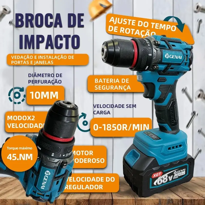KIT 4 EM 1 FERRAMENTAS 128V | Combo Profissional com Martelo Rotativo, Furadeira, Esmerilhadeira e Chave de Impacto | Completo: 2 Baterias, Carregador, +50 Acessórios e Maleta