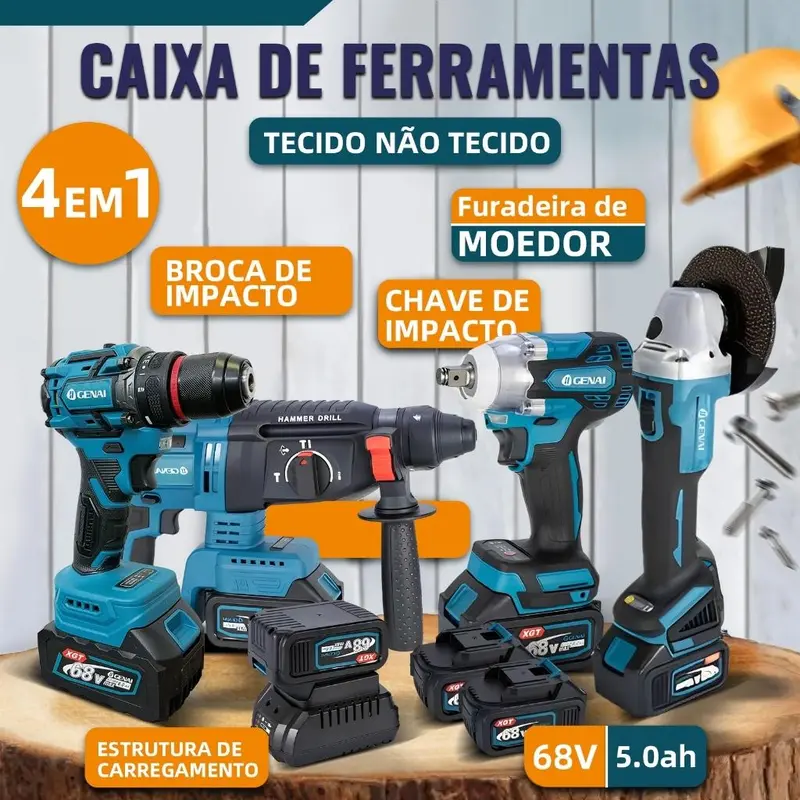 KIT 4 EM 1 FERRAMENTAS 128V | Combo Profissional com Martelo Rotativo, Furadeira, Esmerilhadeira e Chave de Impacto | Completo: 2 Baterias, Carregador, +50 Acessórios e Maleta