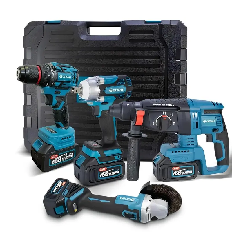 KIT 4 EM 1 FERRAMENTAS 128V | Combo Profissional com Martelo Rotativo, Furadeira, Esmerilhadeira e Chave de Impacto | Completo: 2 Baterias, Carregador, +50 Acessórios e Maleta